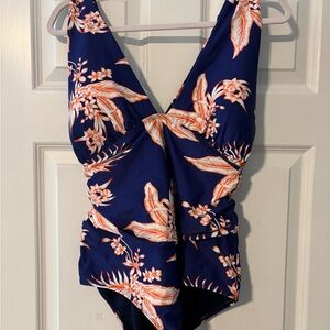 Blue and Orange One Piece Swimwear with V-Neckline